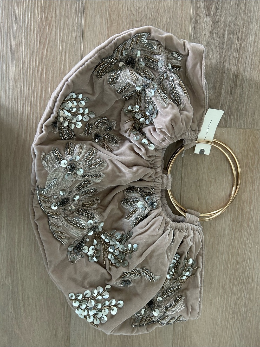 Anthropology Beaded Lilac Velvet Handbag with Gold Ring Handles